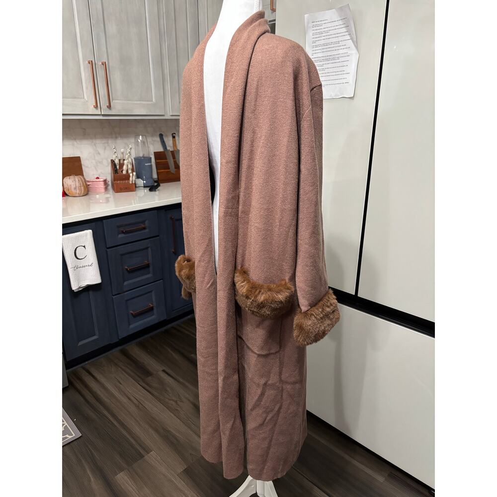 NWT Max sport open front knit sweater duster cardigan, mocha faux fur glam sz L - Picture 3 of 11